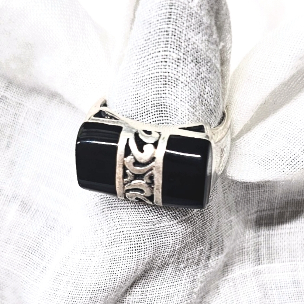 Vintage 925 Silver & Black Onyx Statement Filigree Ring 6.5